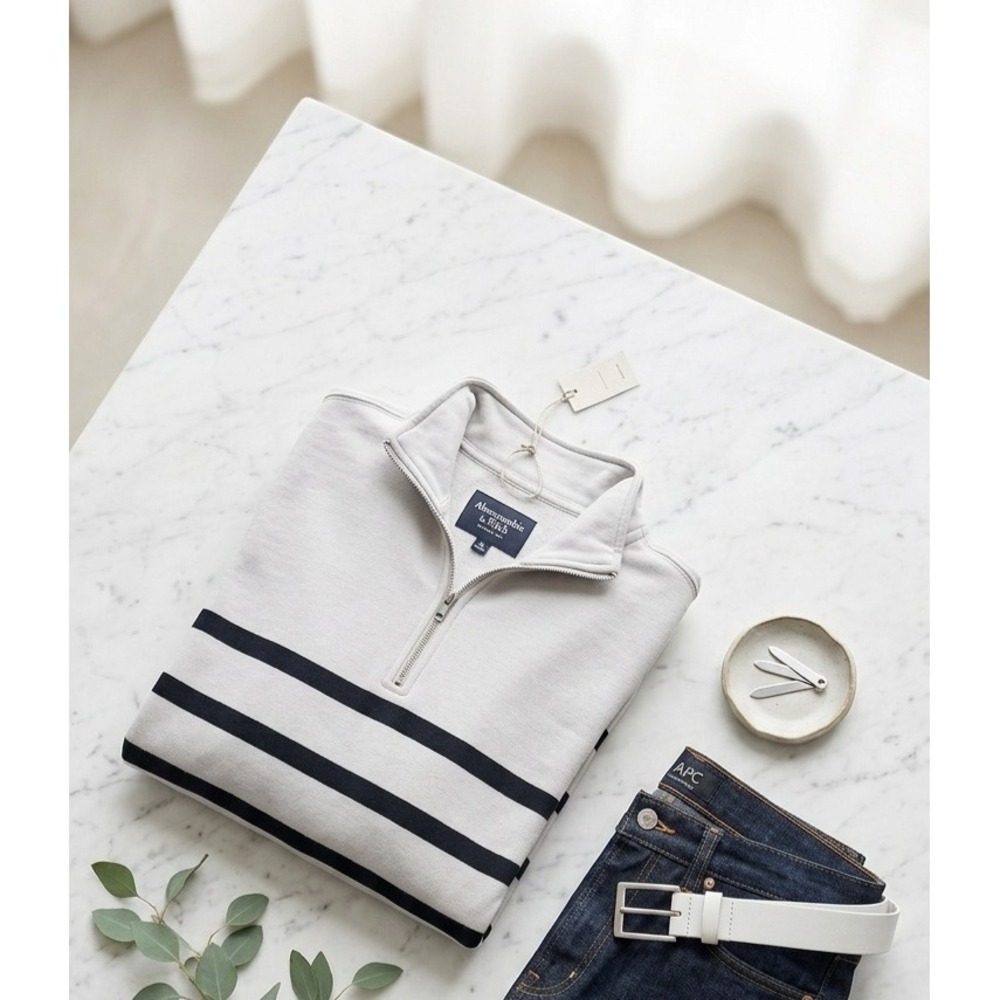 Abercrombie & Fitch Minimalist Nautical Striped Quarter Zip Pullover‎ XXL